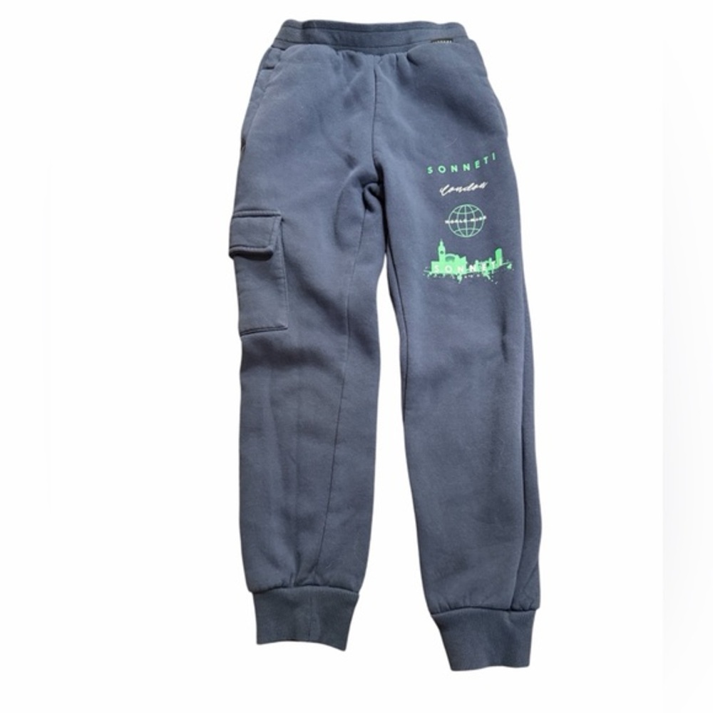 Boys Navy Joggers with Neon Green Graphic. Used